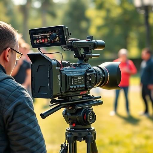 Cámara de cine profesional grabando una escena en exteriores con el equipo técnico.