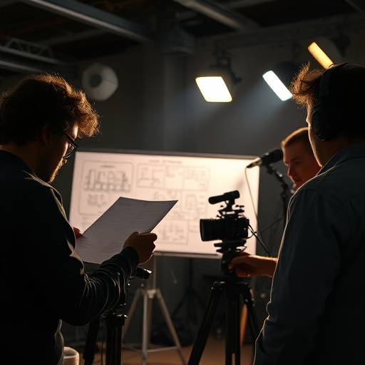 Equipo de producción planificando una toma en un guión gráfico.